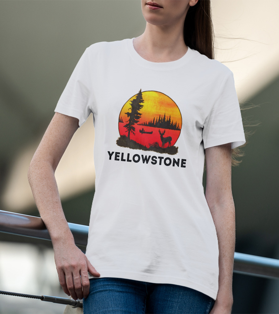 Yellowstone Sunset Scene With Canoe And Deer T-Shirt