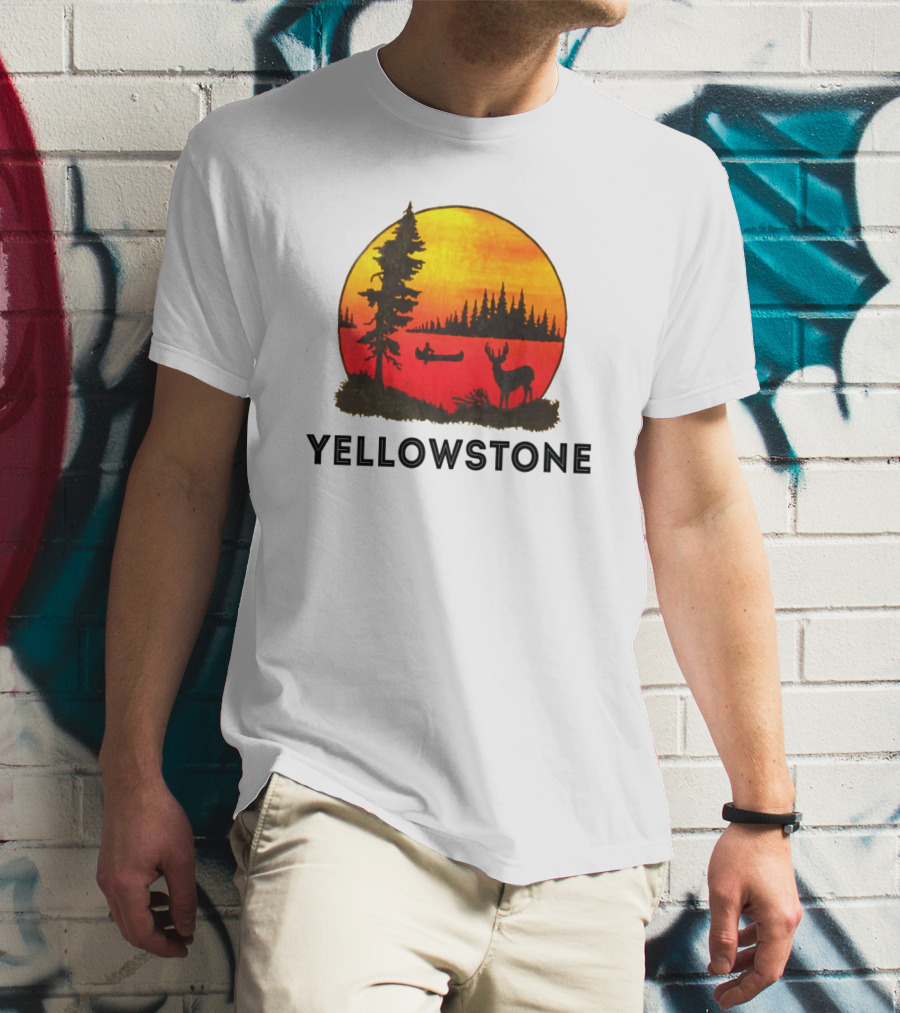 Yellowstone Sunset Scene With Canoe And Deer T-Shirt