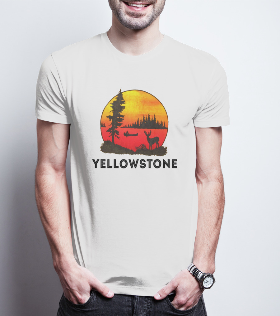 Yellowstone Sunset Scene With Canoe And Deer T-Shirt