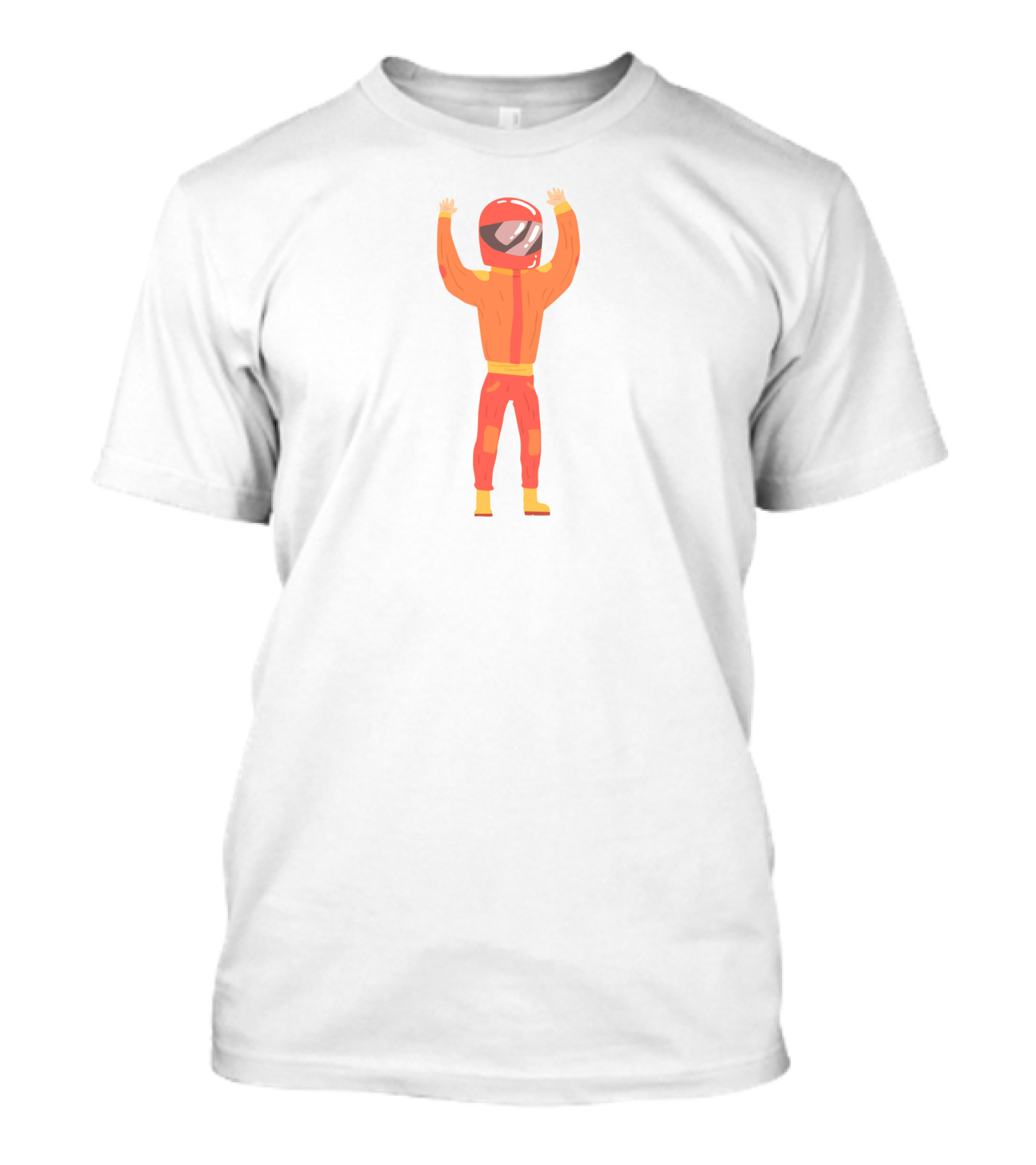 Man In An Orange Racing Suit With Helmet And Raised Arms T-Shirt