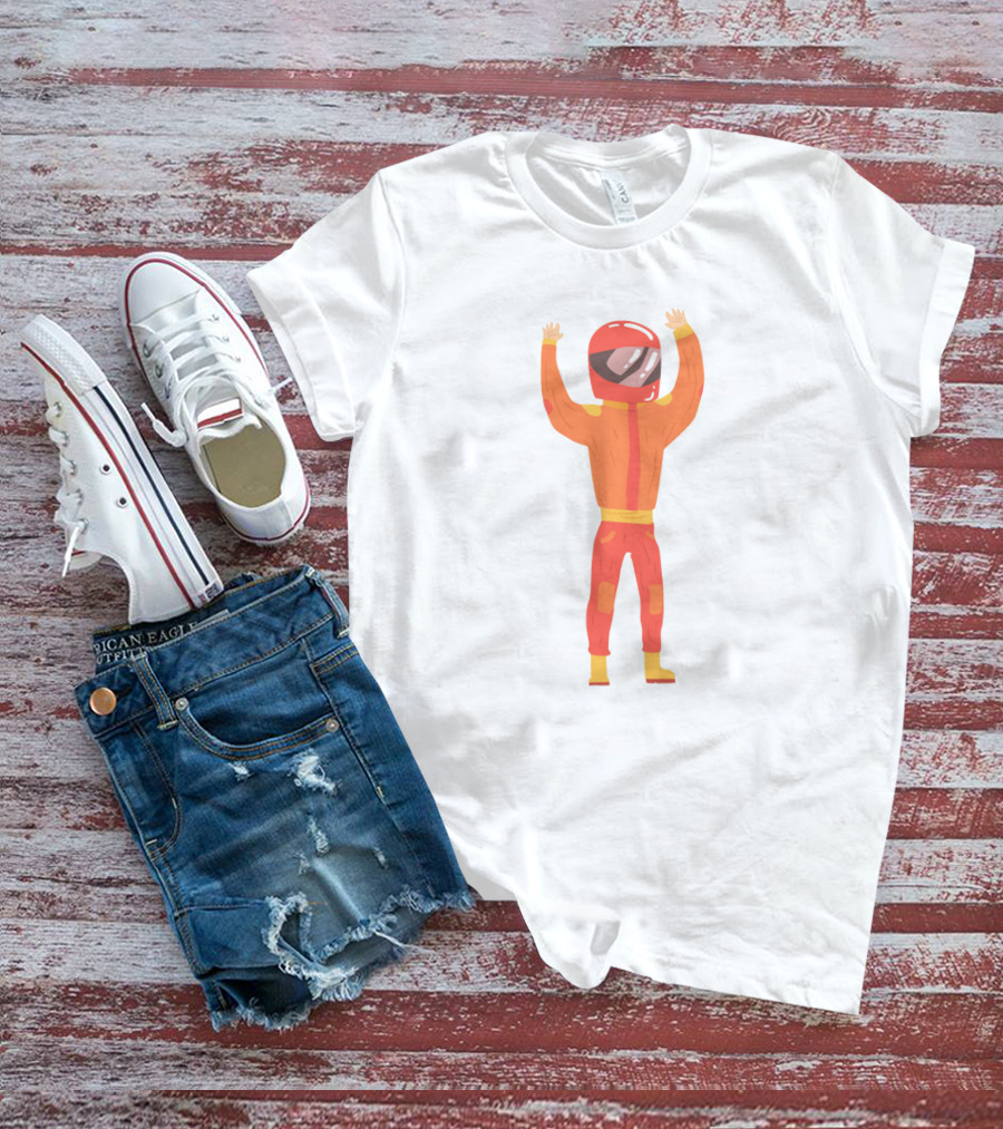 Man In An Orange Racing Suit With Helmet And Raised Arms T-Shirt