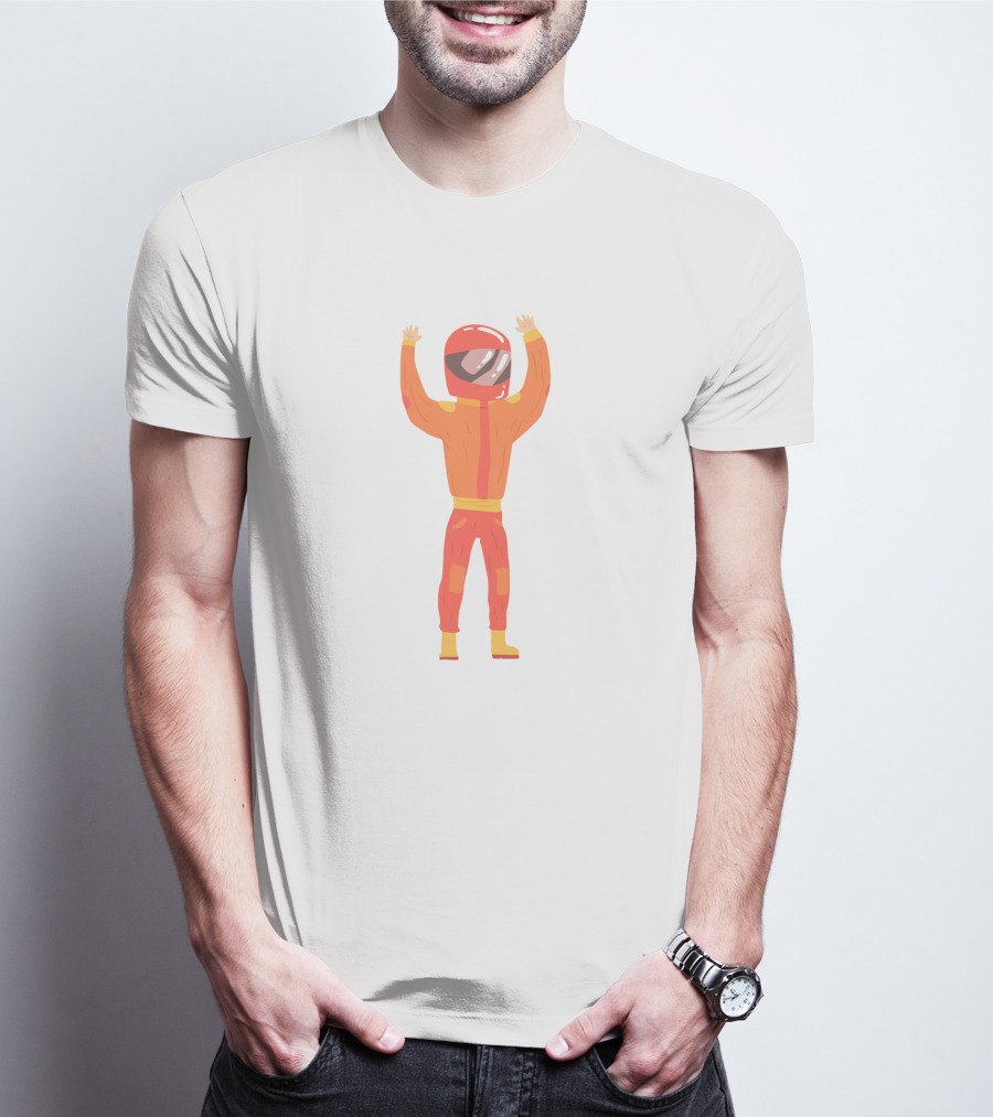 Man In An Orange Racing Suit With Helmet And Raised Arms T-Shirt