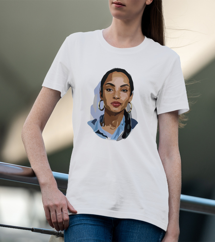 Sade Adu Portrait With Blue Shirt And Hoop Earrings T-Shirt