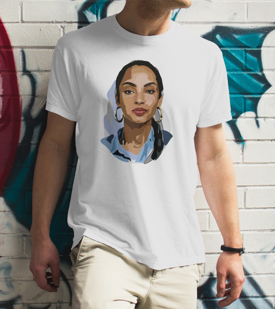 Sade Adu Portrait With Blue Shirt And Hoop Earrings T-Shirt