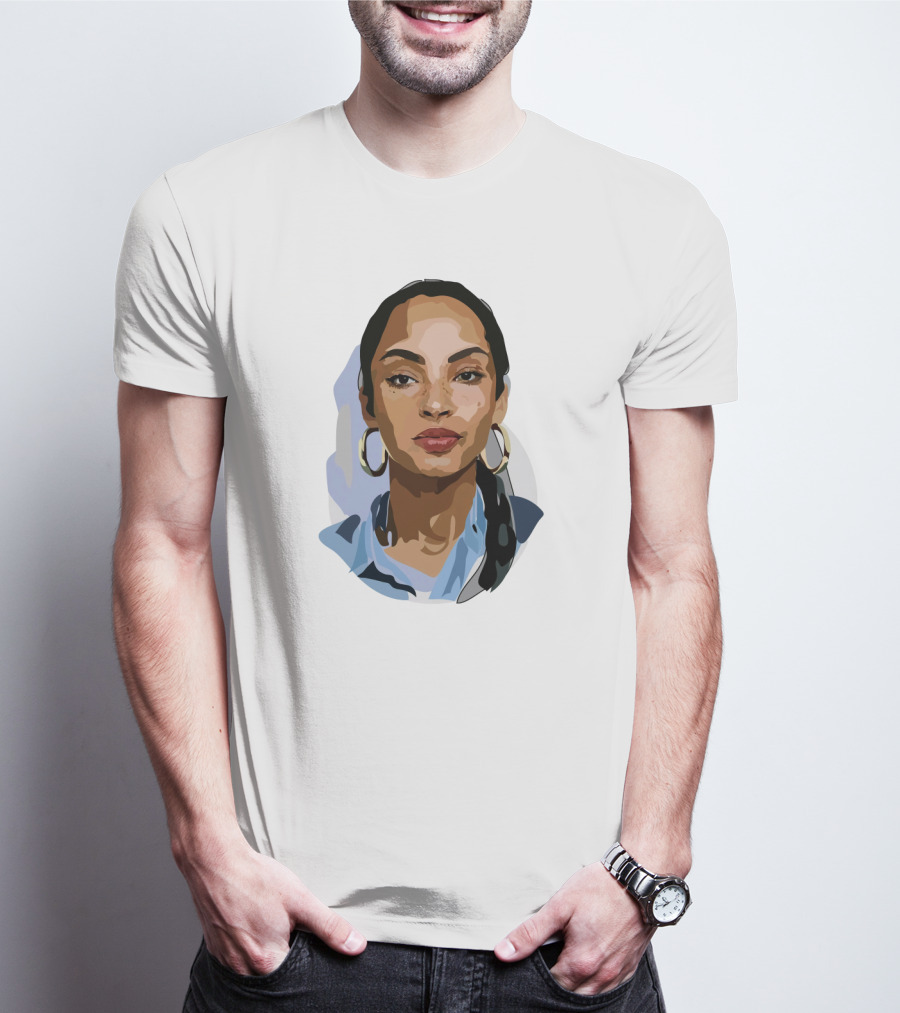 Sade Adu Portrait With Blue Shirt And Hoop Earrings T-Shirt