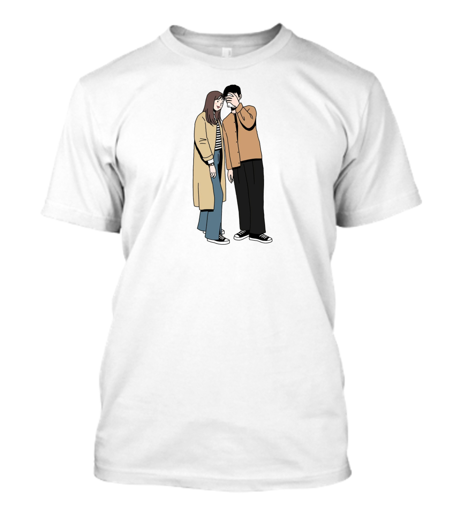 Couple In Casual Streetwear With Oversized Coat And Sneakers T-Shirt