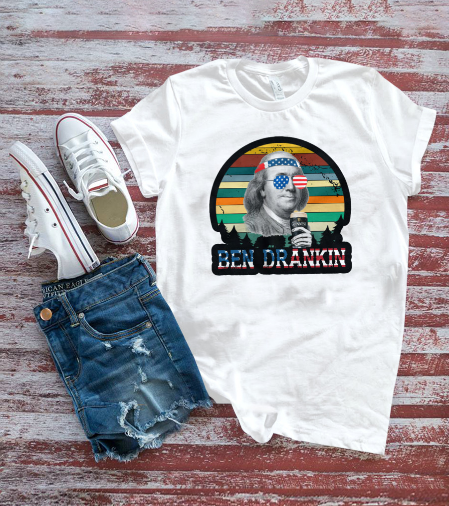 Ben Drankin American Patriotic Sunglasses Benjamin Franklin With Beer And Stripes T-Shirt