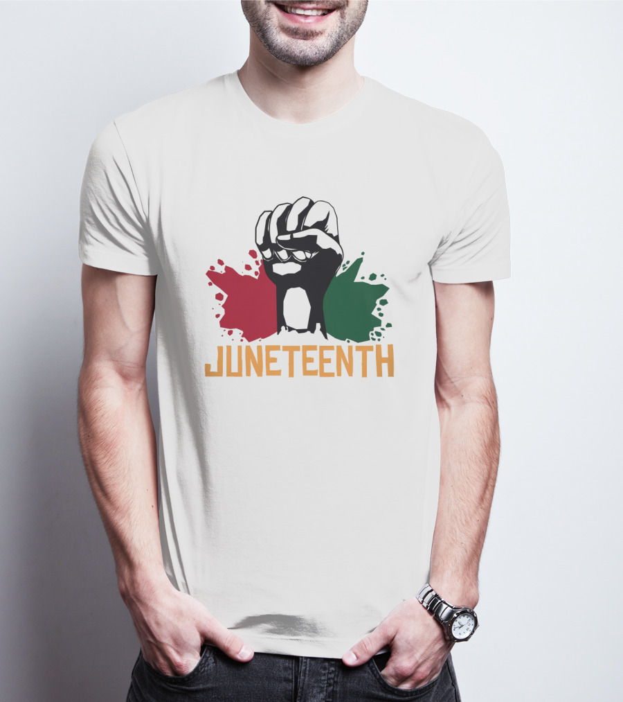 JUNETEENTH Raised Fist With Red Black Green Paint Splashes T-Shirt