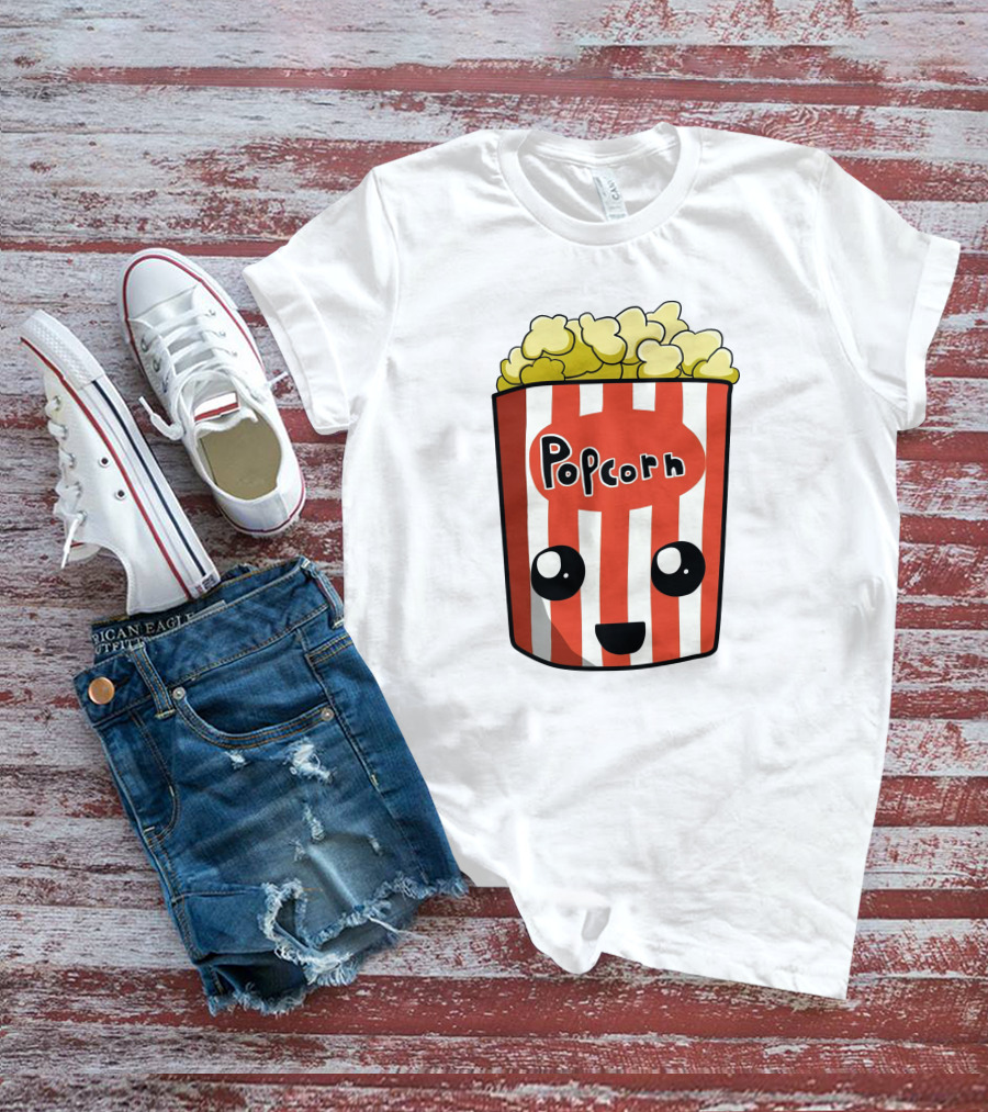 Popcorn Box Cute Kawaii Face Red White Stripes T-Shirt
