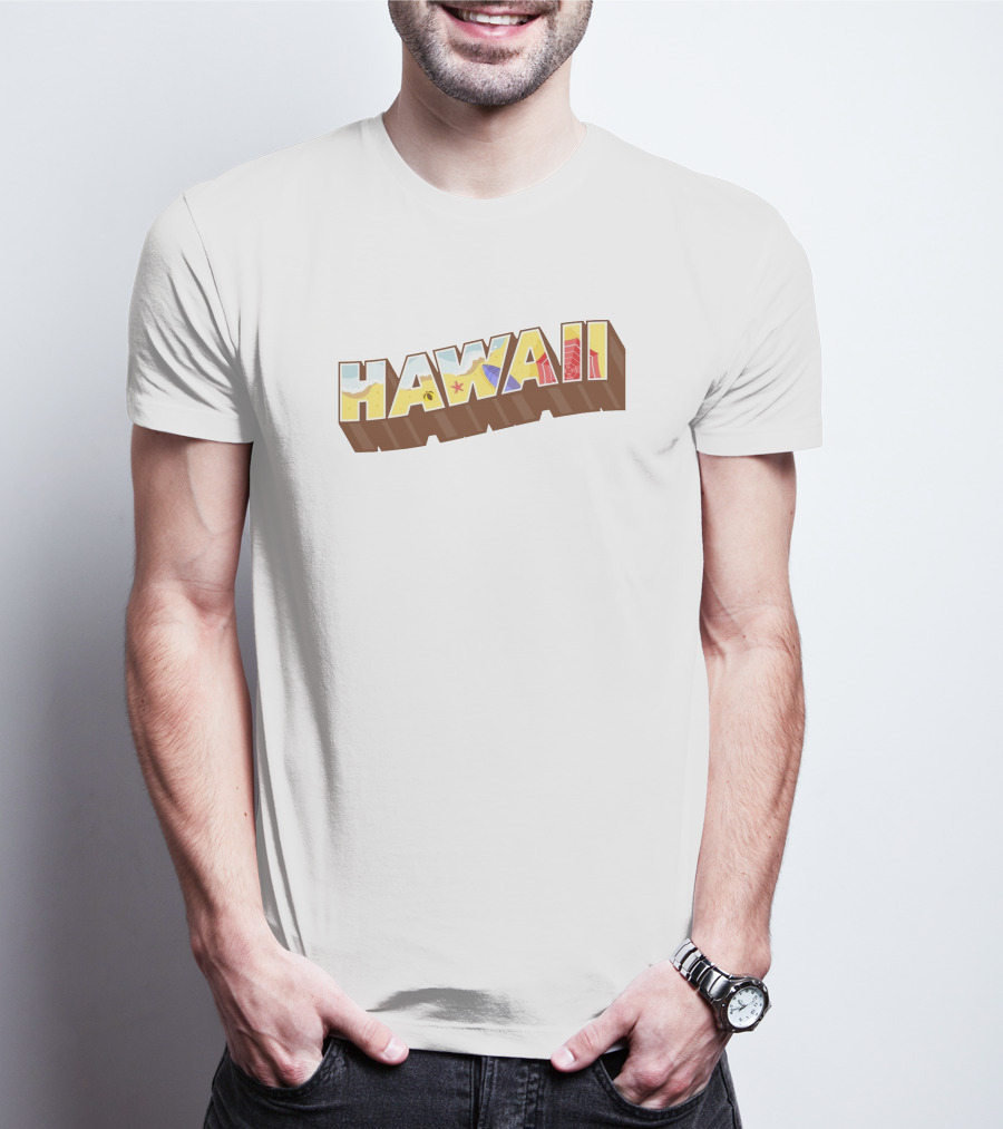 Hawaii Tropical Beach Icons With Surfer And Hibiscus T-Shirt