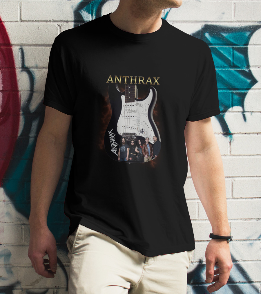 ANTHRAX Band Members Signatures On Electric Guitar T-Shirt