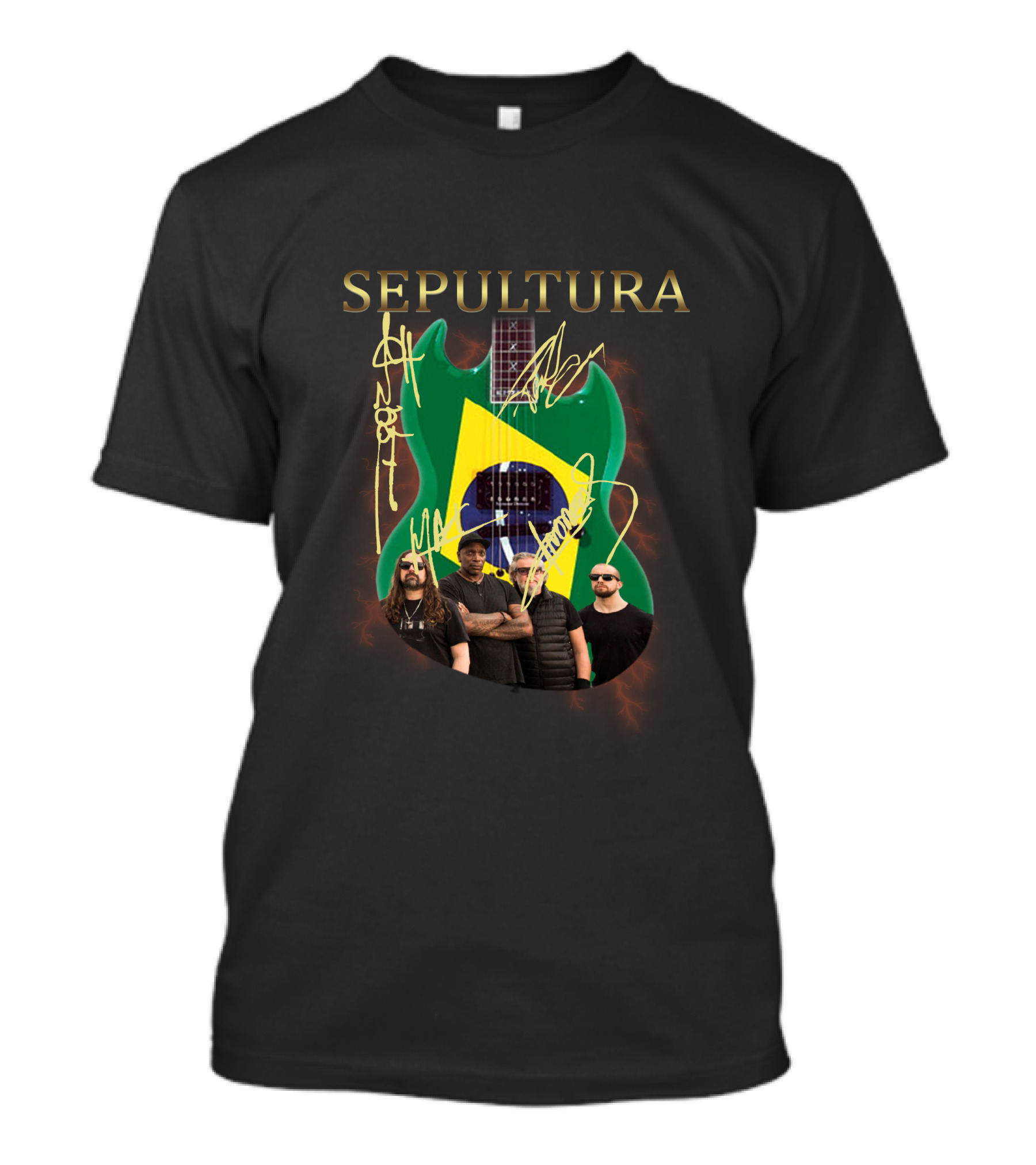 SEPULTURA Brazil Flag Guitar With Band Signatures T-Shirt
