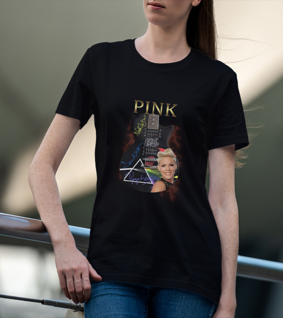 PINK Dark Side Guitar With Autographs T-Shirt