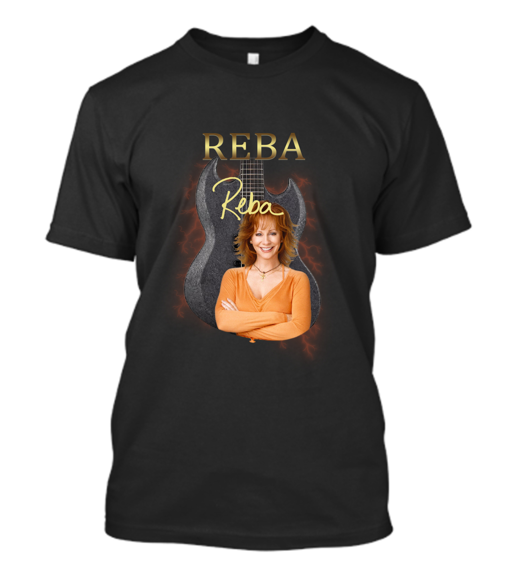 REBA Signature Guitar With Portrait On Black Electric Background T-Shirt