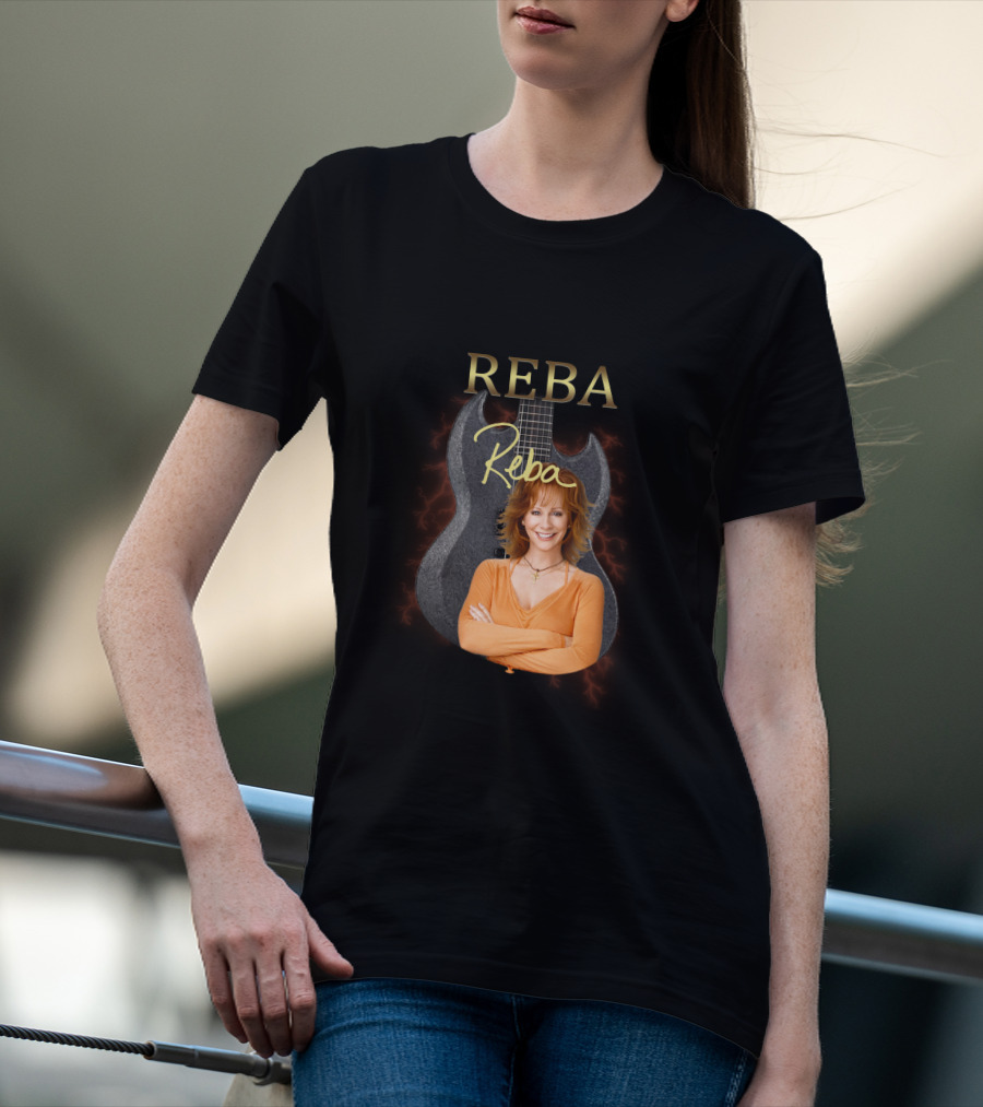 REBA Signature Guitar With Portrait On Black Electric Background T-Shirt