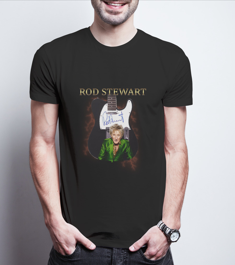 Rod Stewart Signature Guitar Image With Autograph T-Shirt