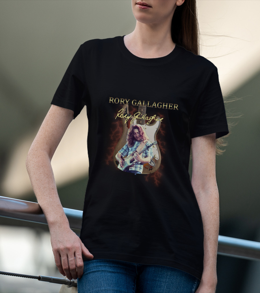 Rory Gallagher Signature Guitar With Lightning And Performer Image T-Shirt
