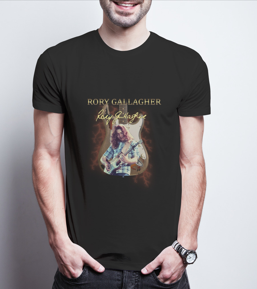 Rory Gallagher Signature Guitar With Lightning And Performer Image T-Shirt