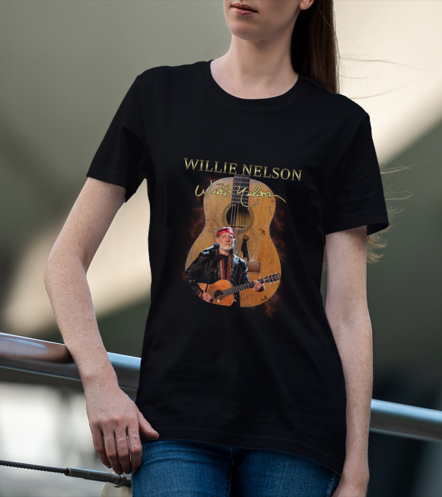 WILLIE NELSON Signature Guitar Image With Willie Playing T-Shirt