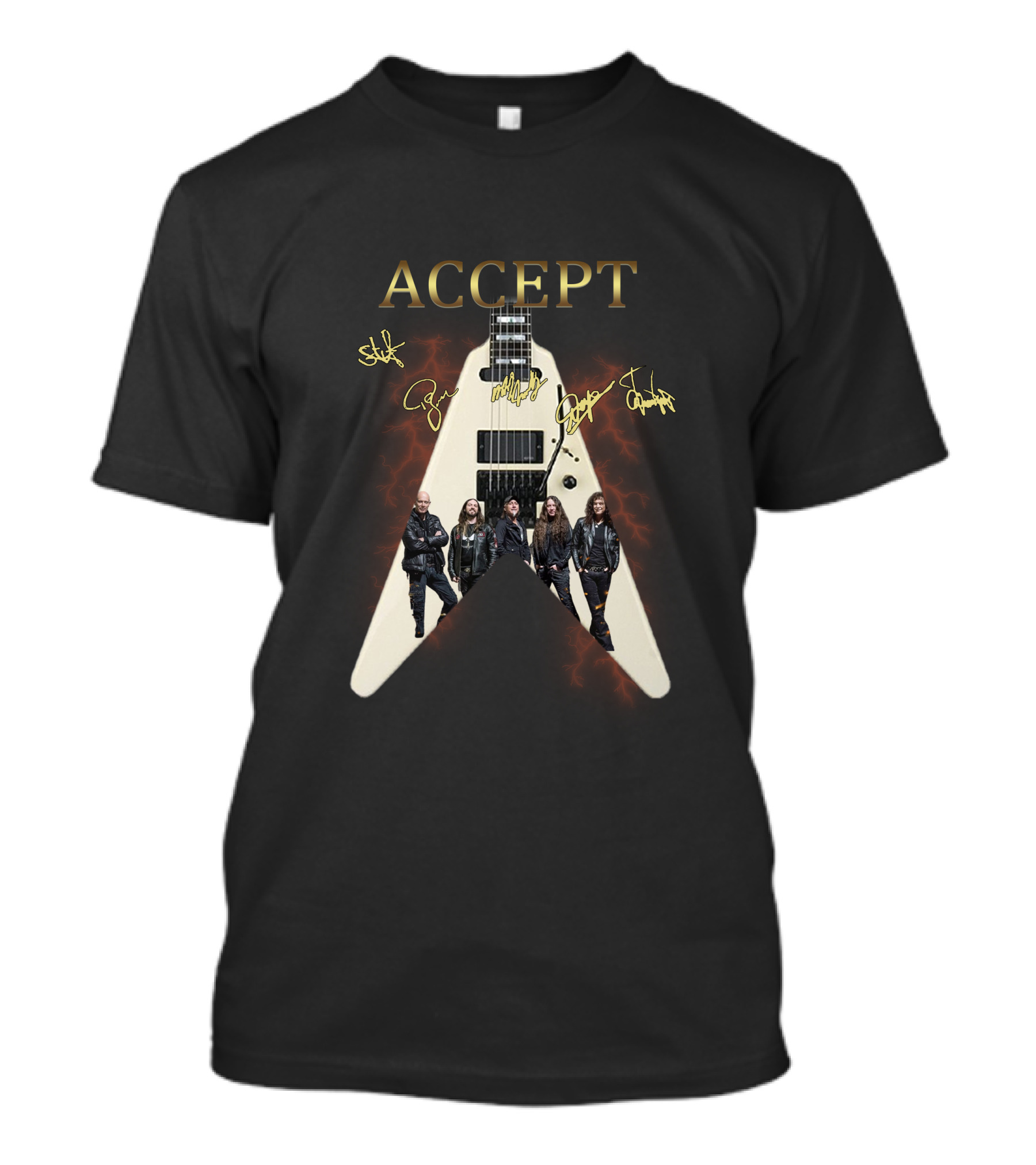 Accept Band Signature Guitar With Group Portrait And Lightning Effects T-Shirt