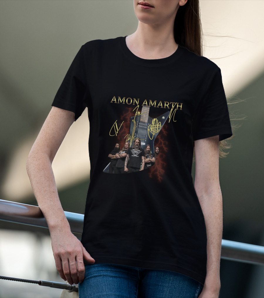 Amon Amarth Band Signatures With Guitar And Group Photo T-Shirt