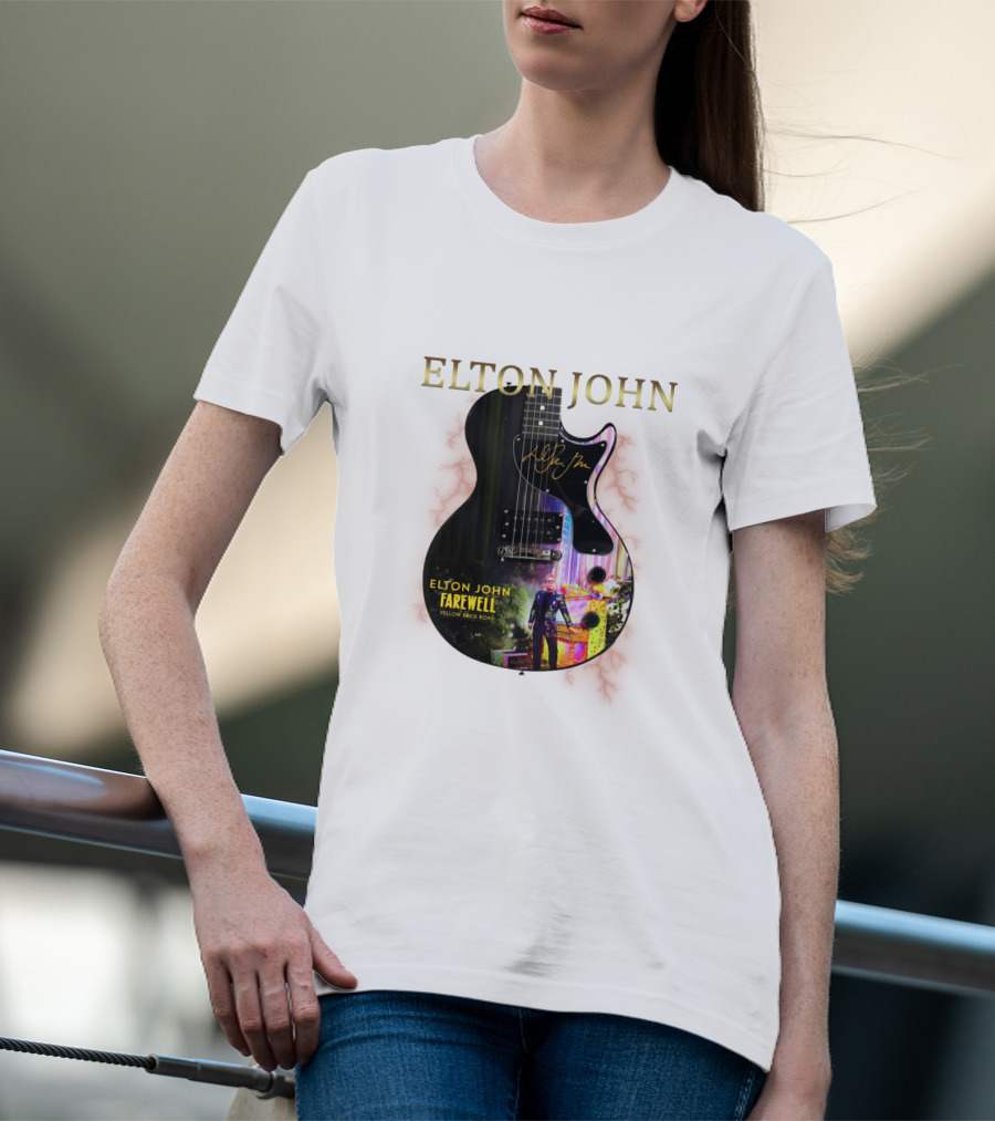 ELTON JOHN Signature Guitar Farewell Yellow Brick Road T-Shirt