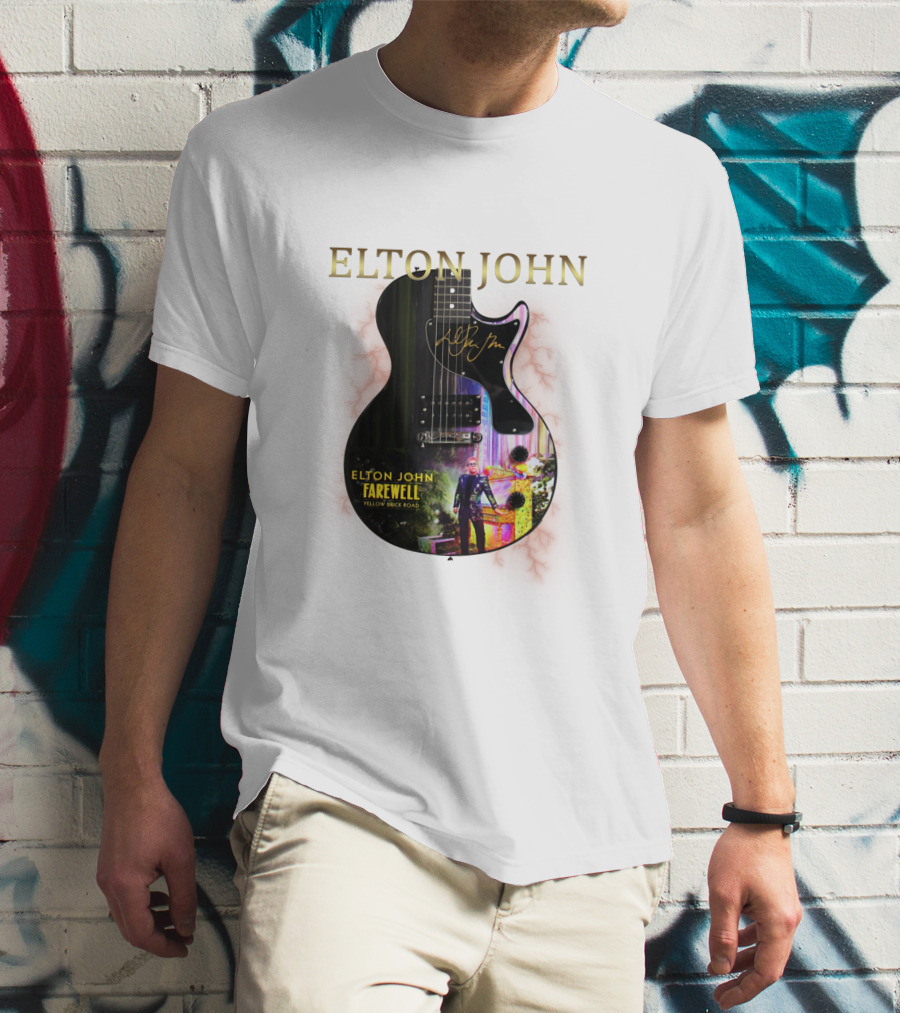 ELTON JOHN Signature Guitar Farewell Yellow Brick Road T-Shirt