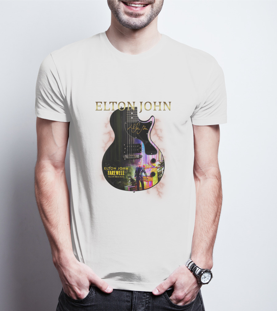 ELTON JOHN Signature Guitar Farewell Yellow Brick Road T-Shirt