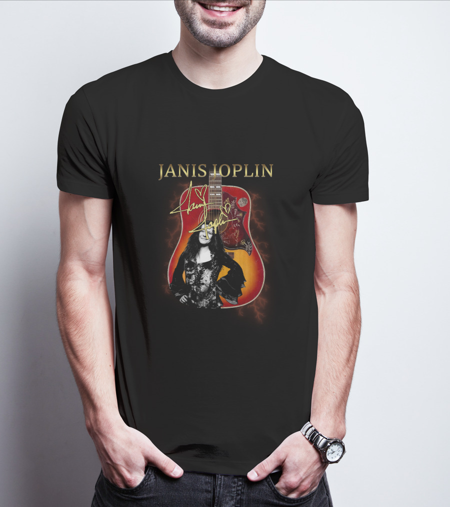 Janis Joplin Signature Guitar With Portrait And Lightning Effects T-Shirt