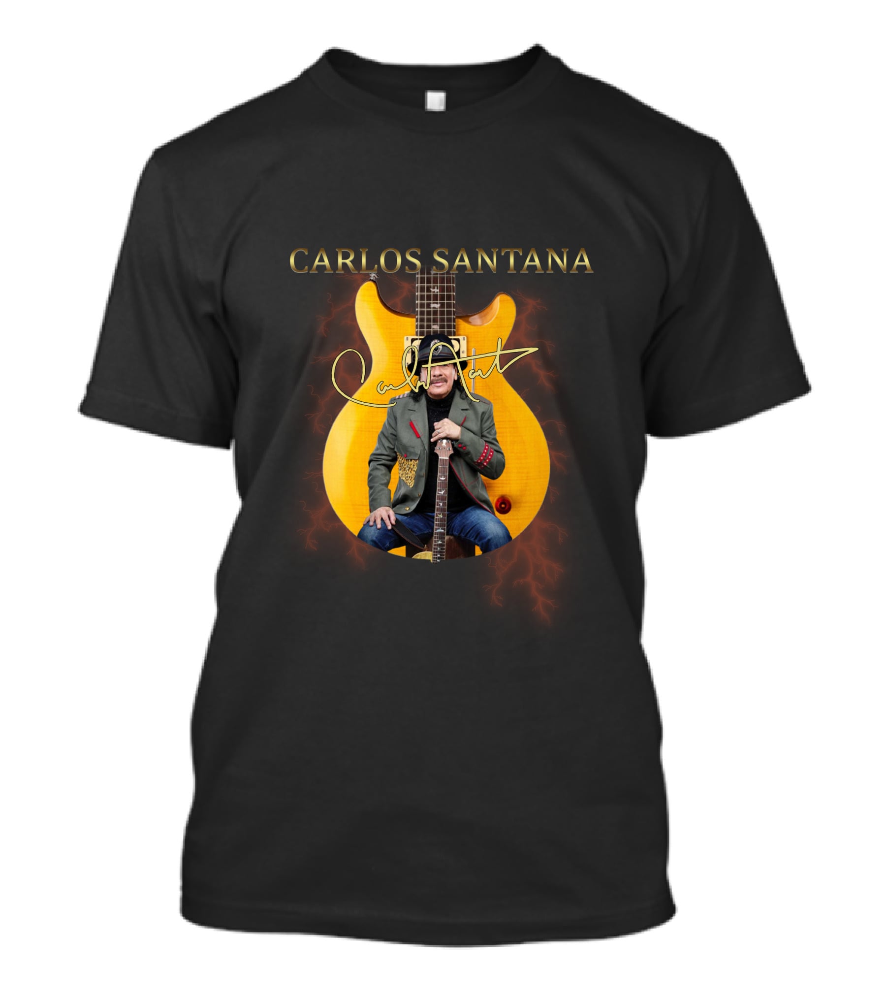 Carlos Santana Signature With Yellow Electric Guitar And Lightning Background T-Shirt