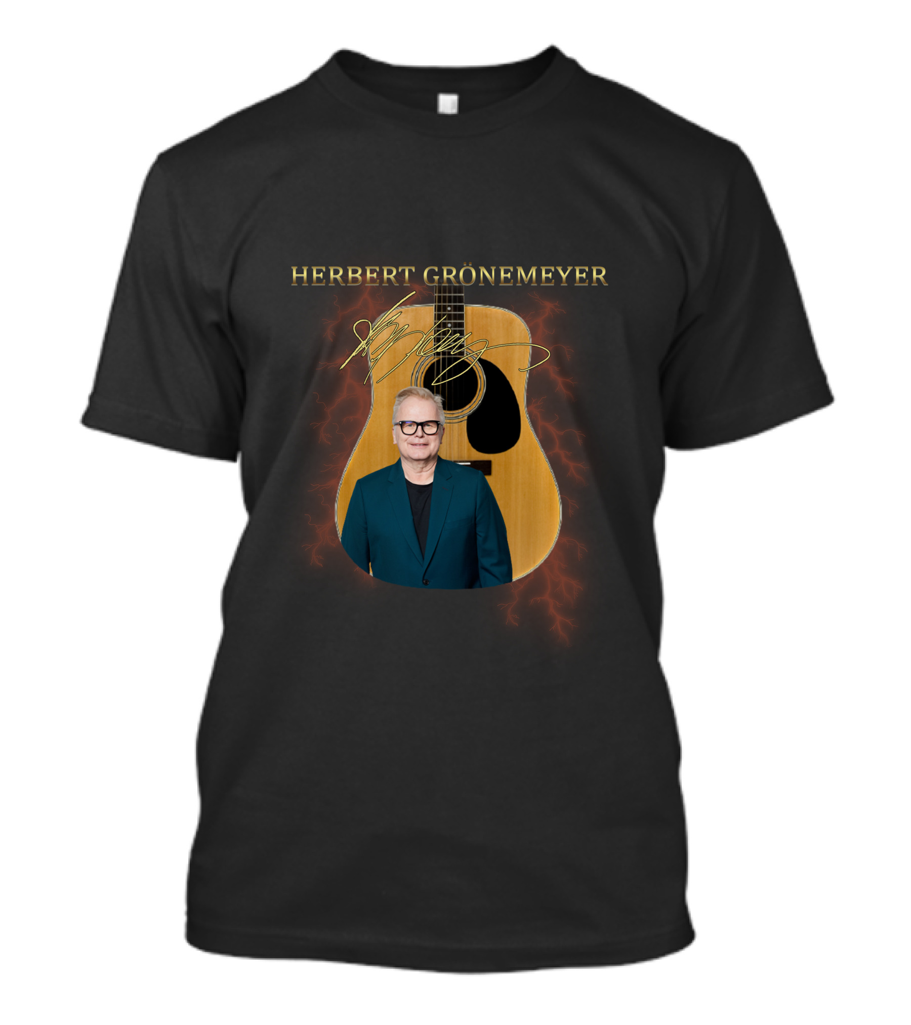 Herbert Grönemeyer Signature Guitar With Portrait And Lightning T-Shirt