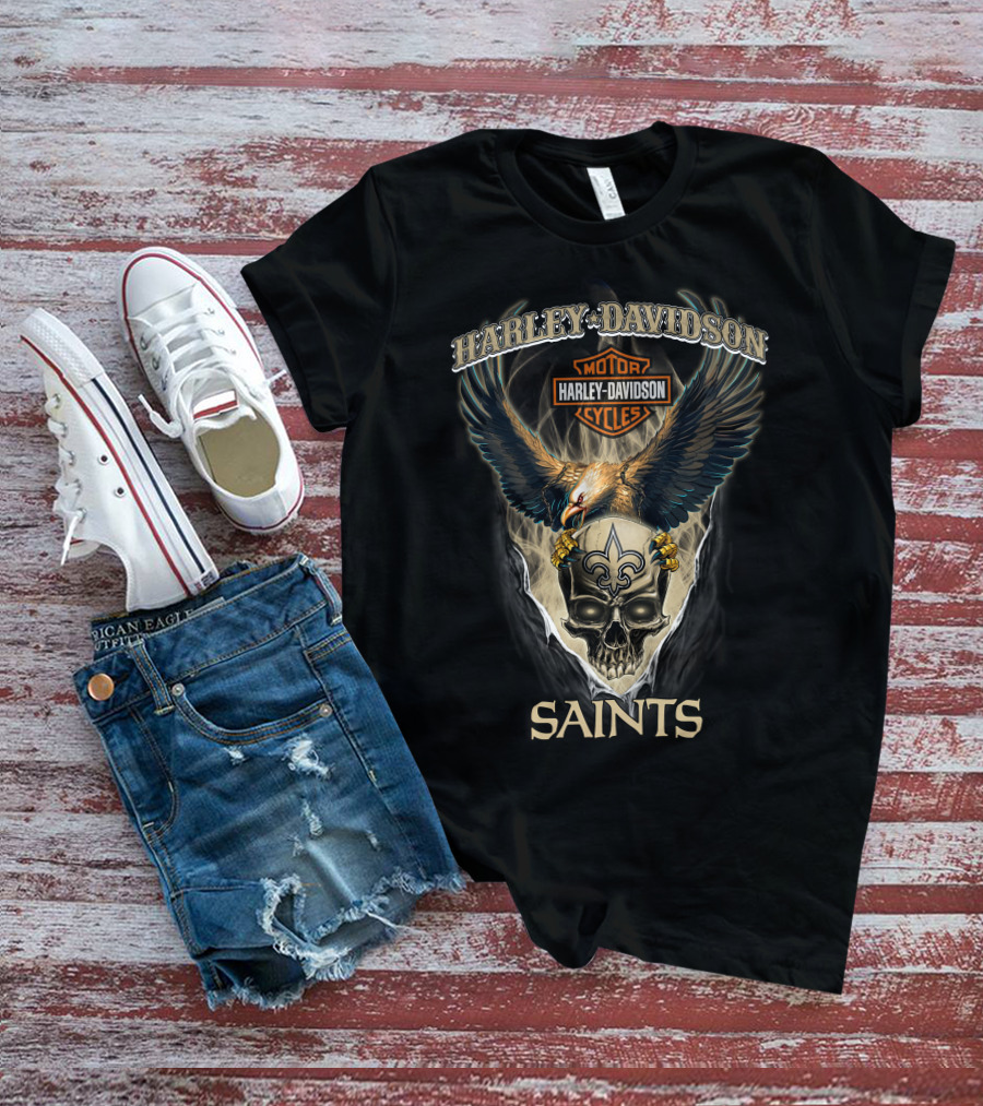 Harley Davidson Motor Cycles Eagle Skull New Orleans Saints T-Shirt