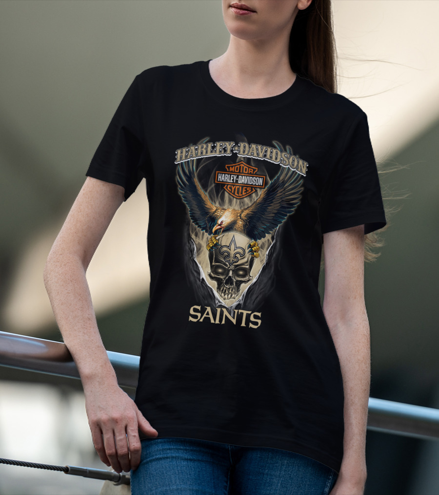 Harley Davidson Motor Cycles Eagle Skull New Orleans Saints T-Shirt