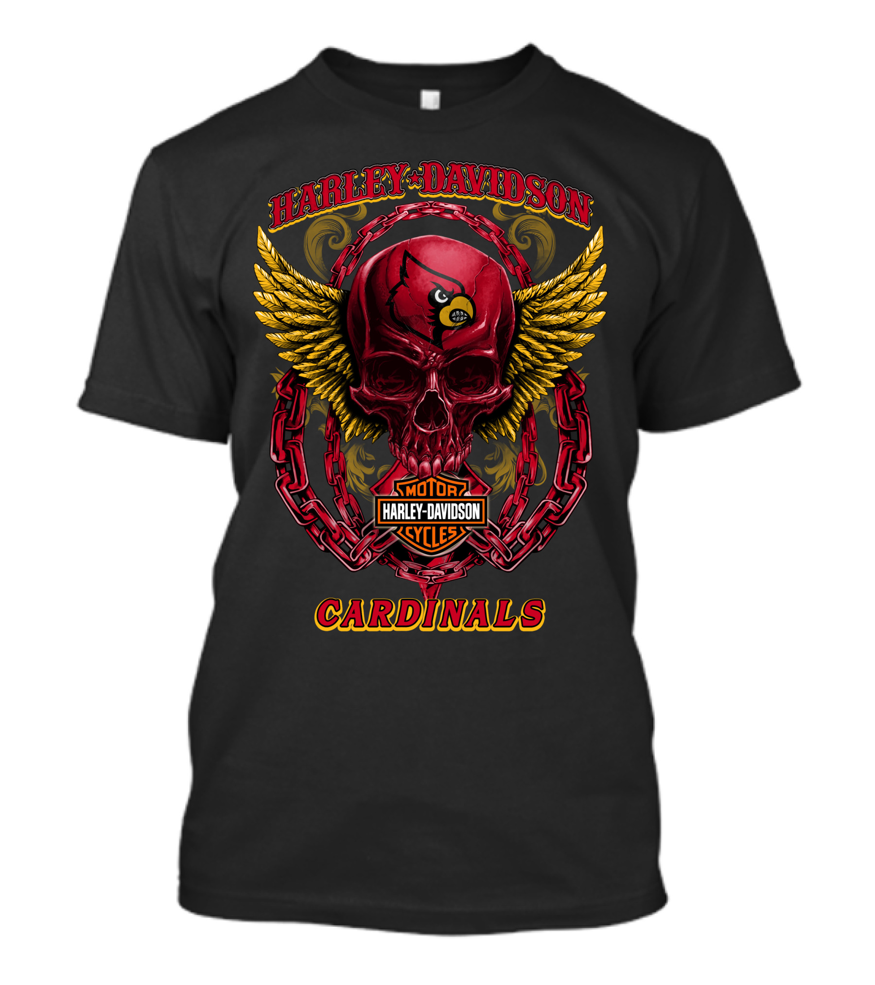 Harley Davidson Motor Cycles Cardinals Skull With Wings And Chains T-Shirt