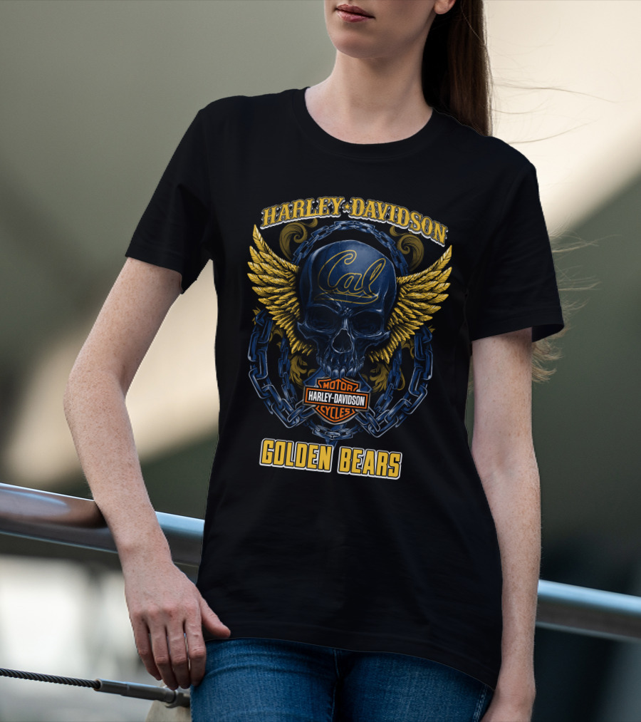 Harley Davidson Cal Golden Bears Skull With Wings And Chains T-Shirt
