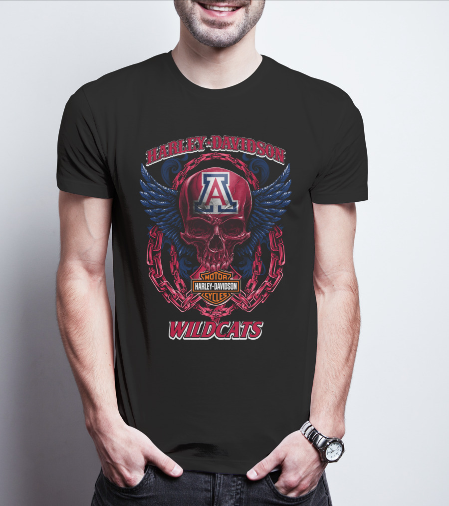 Harley Davidson Arizona Wildcats Motor Cycles Skull And Chains T-Shirt