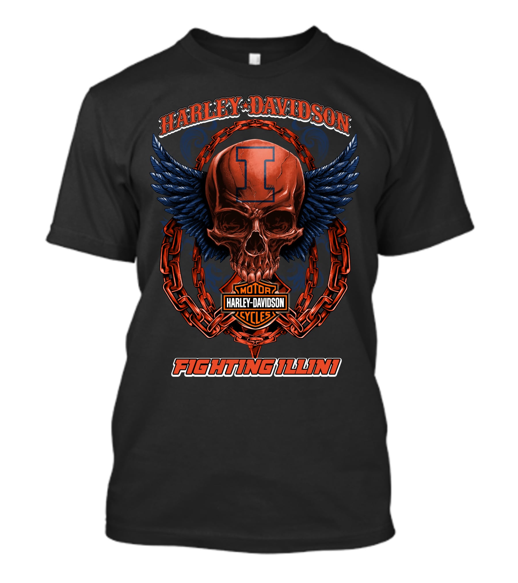 Harley Davidson Motorcycles Illinois Fighting Illini Skull With Wings T-Shirt