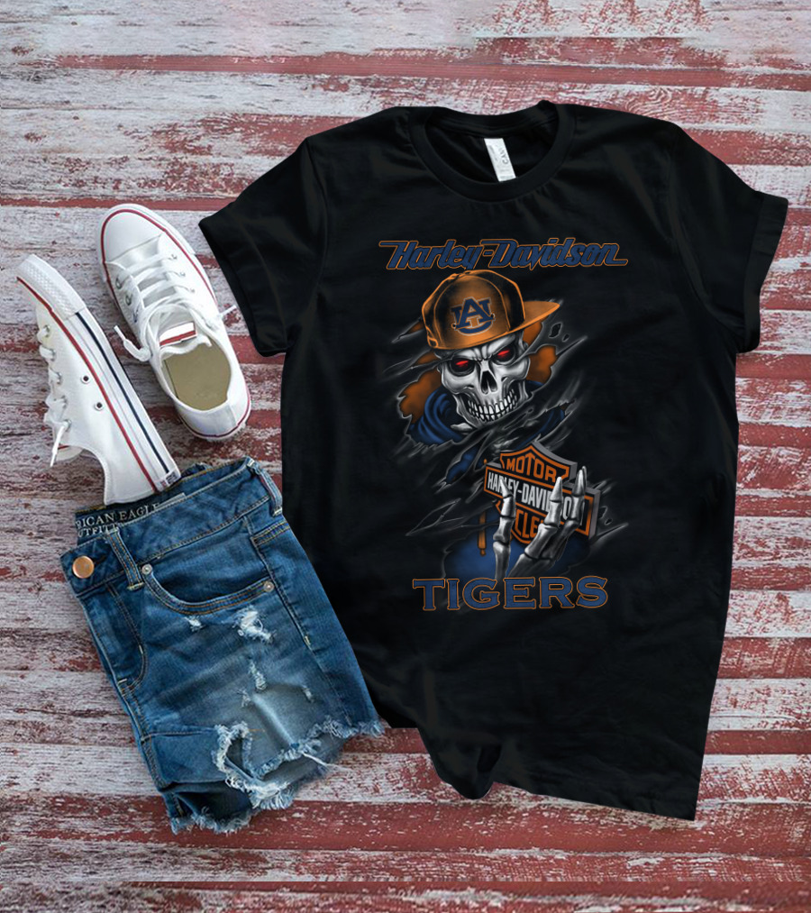 Harley Davidson Auburn Tigers Skull With Cap And Motorcycle T-Shirt