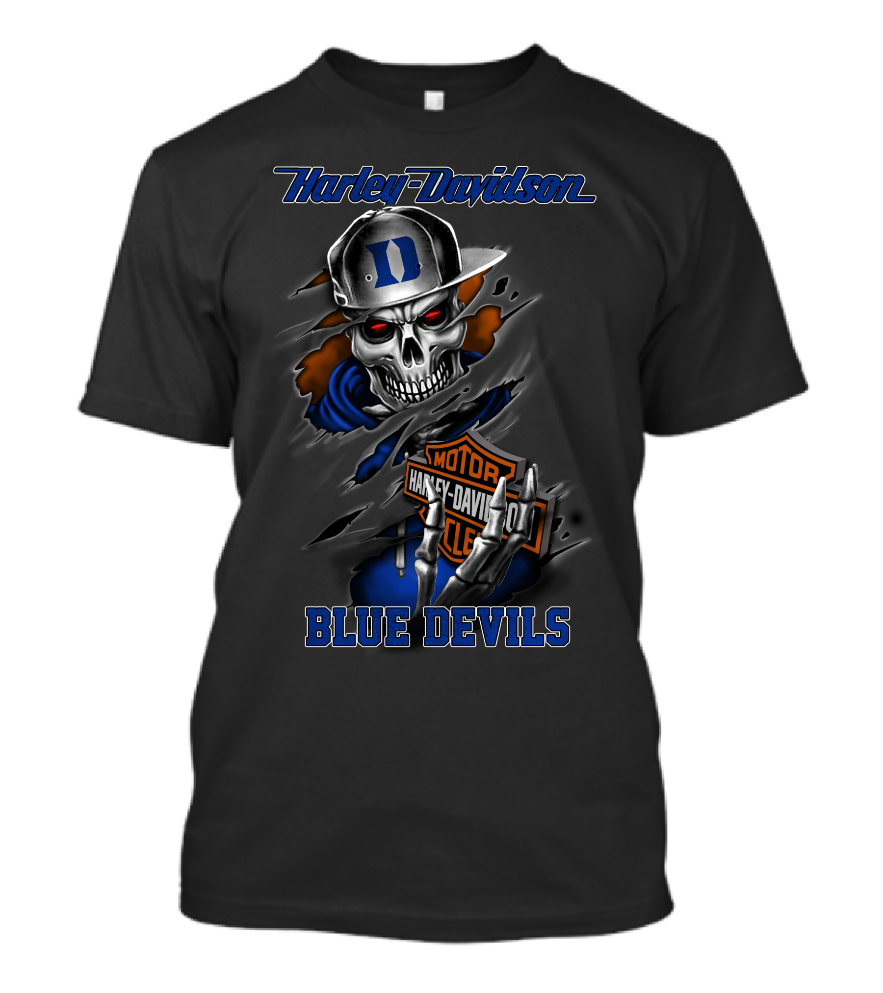 Harley Davidson Blue Devils Skull With Duke Logo And Motorcycle Motif T-Shirt