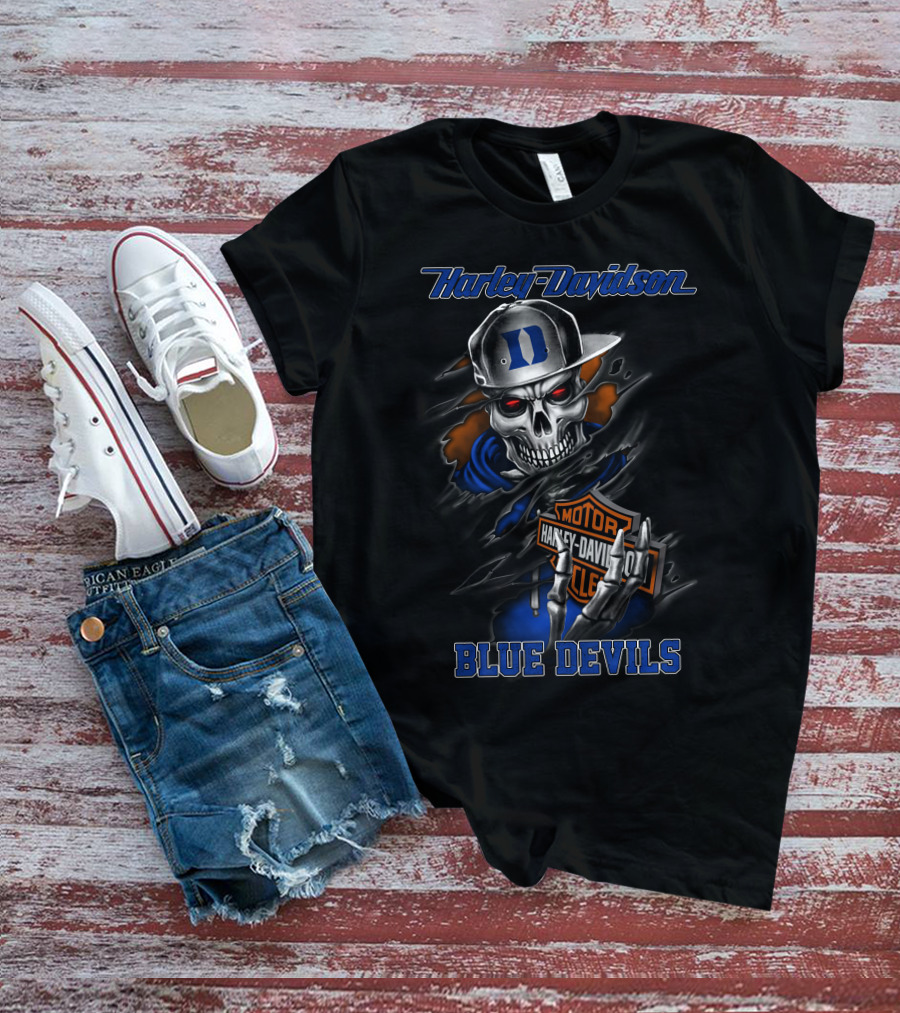 Harley Davidson Blue Devils Skull With Duke Logo And Motorcycle Motif T-Shirt