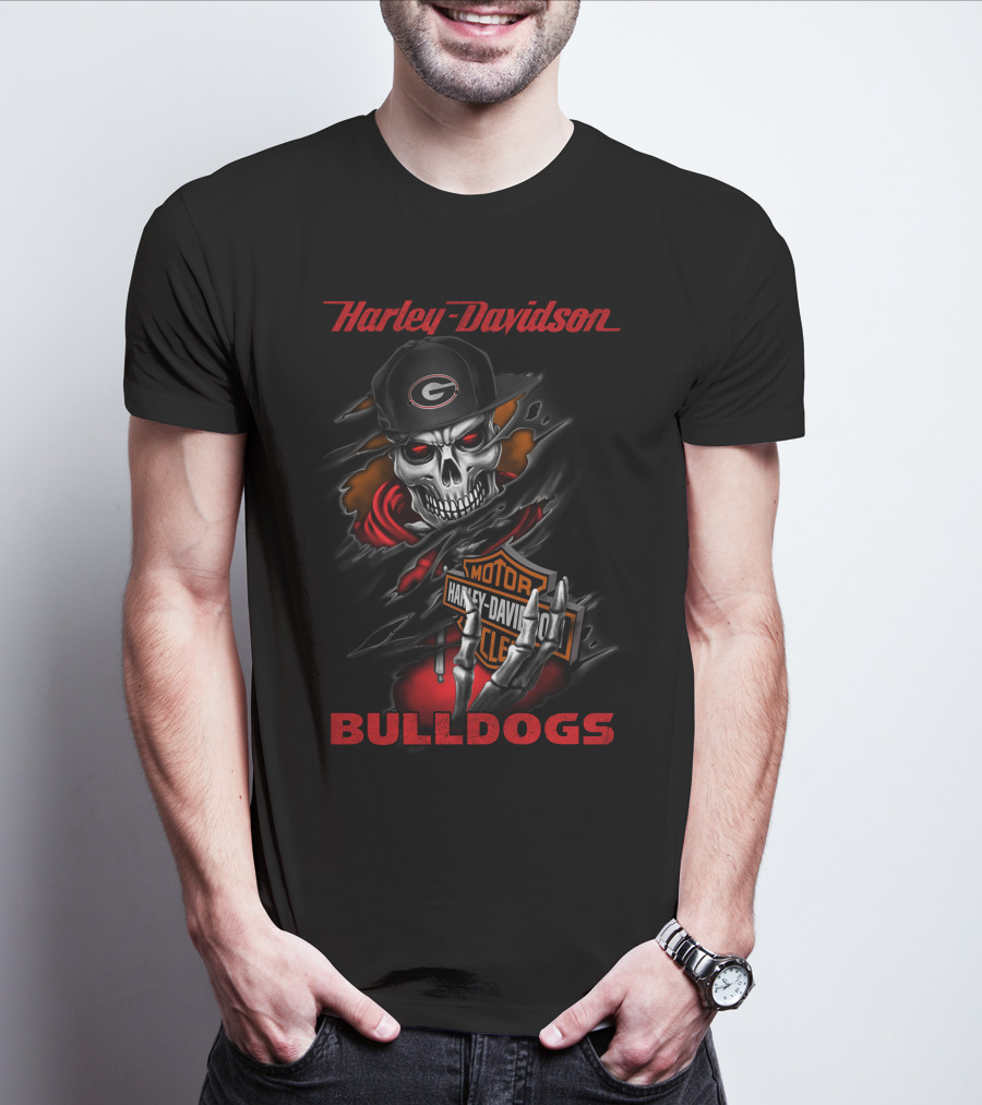Harley Davidson Georgia Bulldogs Skull With Cap T-Shirt