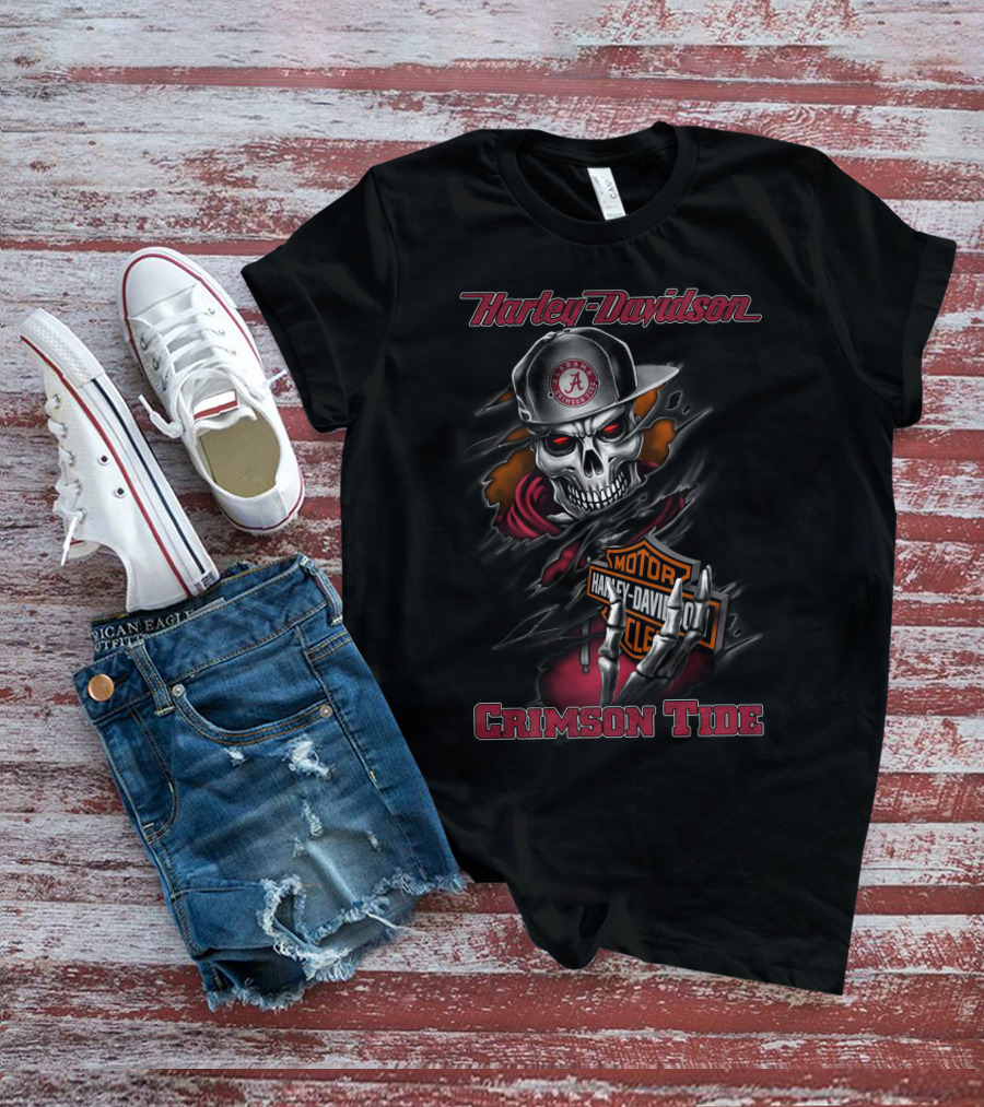 Harley Davidson Alabama Crimson Tide Skulled Rider With Cap And Hoodie T-Shirt