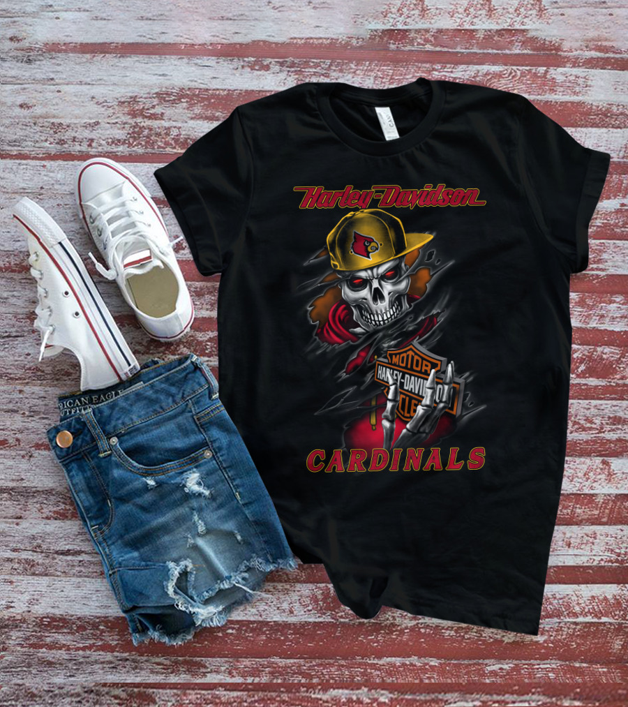 Harley Davidson Louisville Cardinals Skeleton In Cap T-Shirt