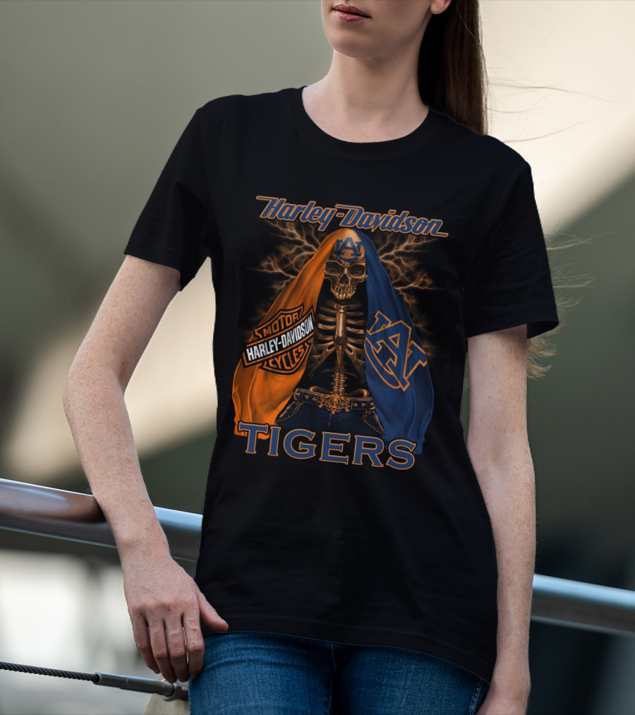 Harley Davidson Auburn Tigers Skeleton Dual Flag T-Shirt