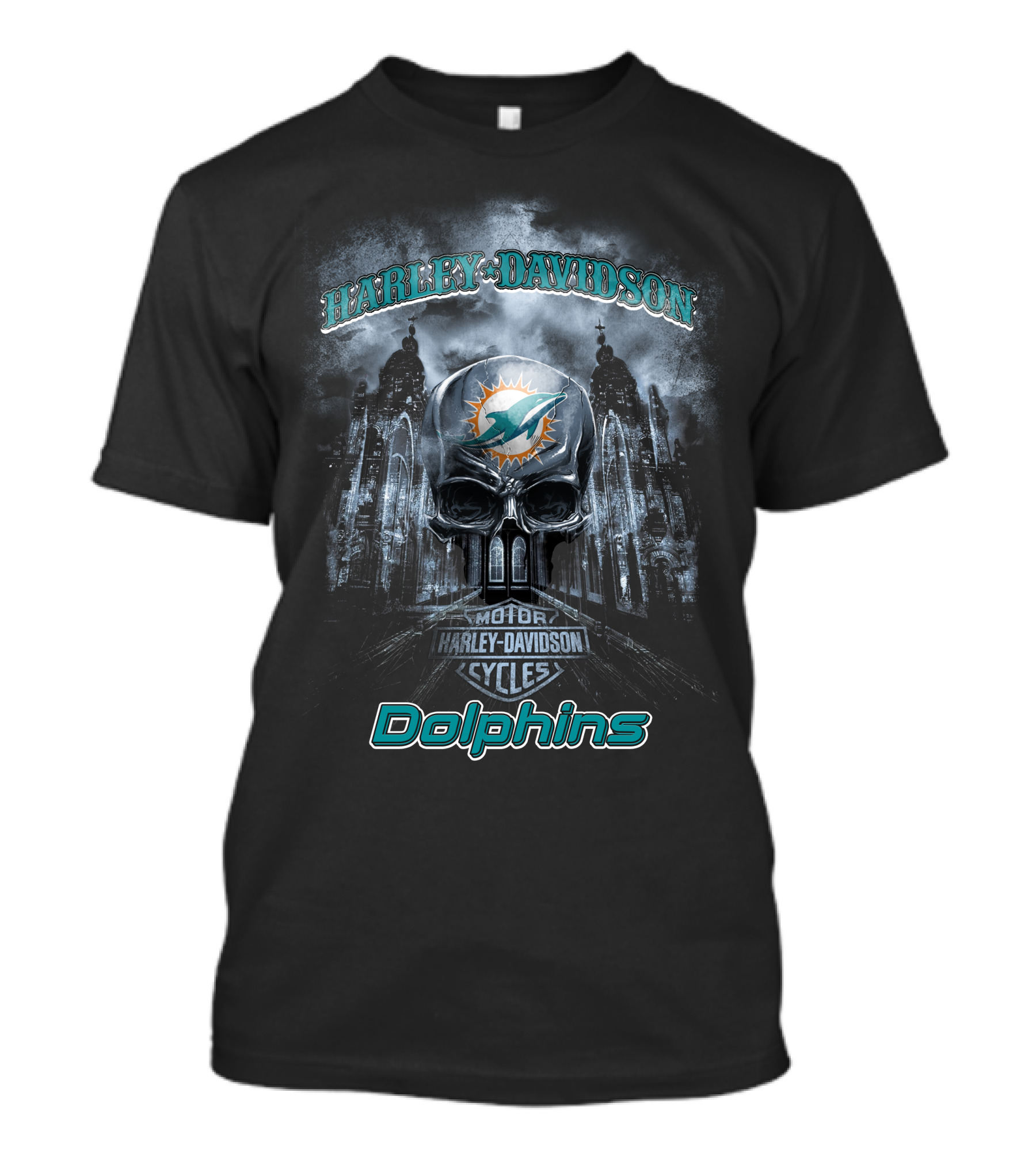 Harley Davidson Miami Dolphins Nfl Skull Motor Cycles T-Shirt