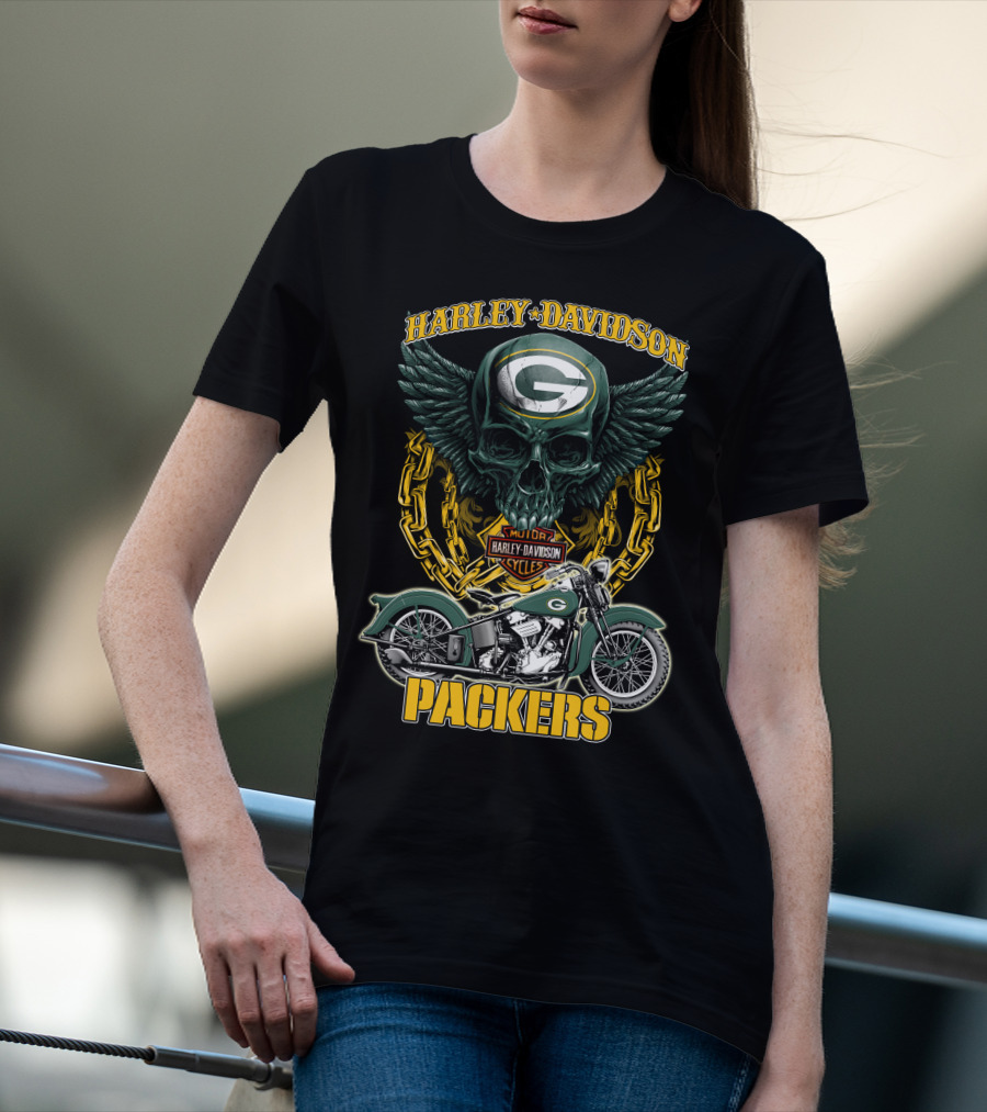 Harley Davidson Green Bay Packers Motorcycle Skull Nfl Packers T-Shirt
