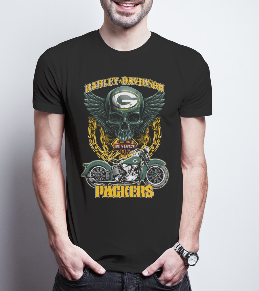 Harley Davidson Green Bay Packers Motorcycle Skull Nfl Packers T-Shirt