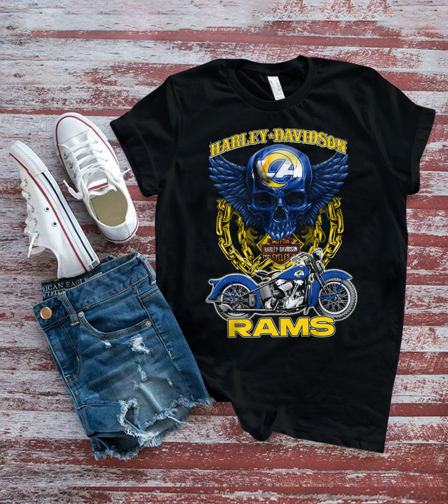 Harley Davidson Los Angeles Rams Nfl Motorcycle Skull T-Shirt
