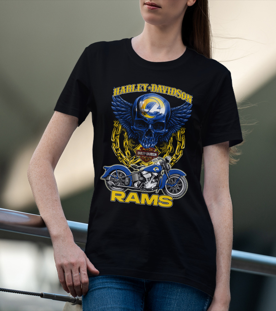 Harley Davidson Los Angeles Rams Nfl Motorcycle Skull T-Shirt