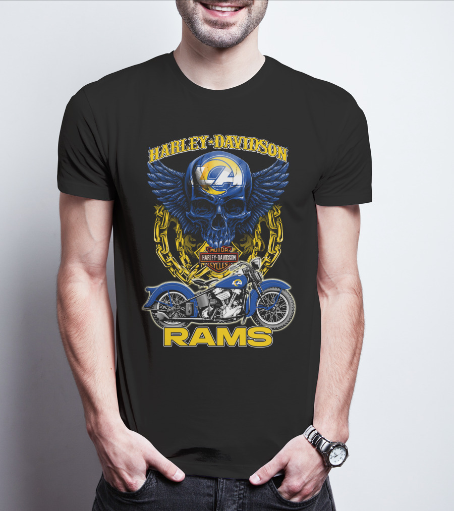 Harley Davidson Los Angeles Rams Nfl Motorcycle Skull T-Shirt